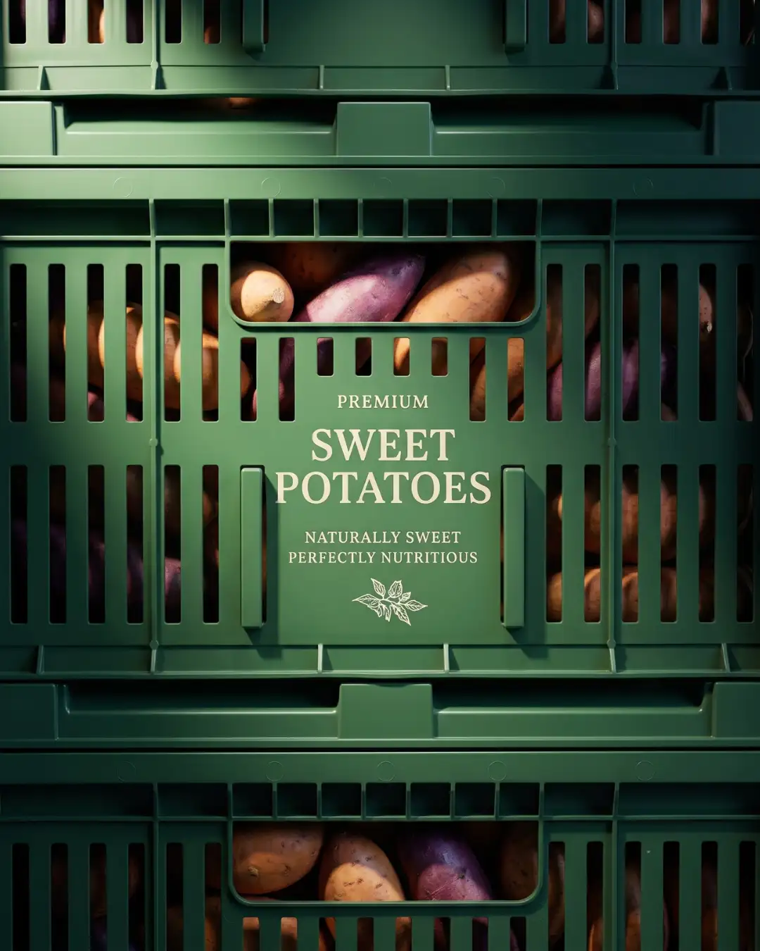 Premium sweet potatoes in green export crates